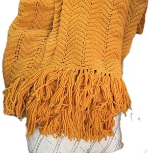 Cozy Mustard Yellow Knit Blanket with Fringe